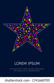 Estrella con mosaicos multicolores que se asemejan en el interior sobre fondo azul oscuro. Plantilla vectorial para postal, tarjeta, imagen, portada, diseño, folleto, volante. Tamaño A4