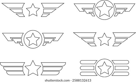 Star wings icons set in black line designs. Army logos template. Military logos concepts. Winged logos company, delivery and shipping symbols vectors illustration isolated on transparent background.