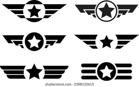 Star wings icons set in black flat designs. Army logos template. Military logos concepts. Winged logos company, delivery and shipping symbols vectors illustration isolated on transparent background.