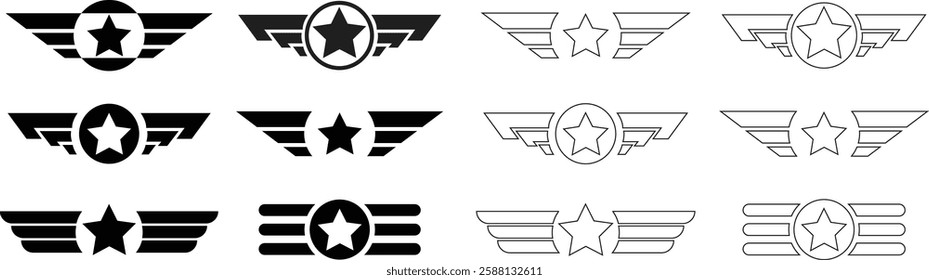 Star wings icons set in flat and line designs. Army logos template. Military logos concepts. Winged logo company, delivery and shipping symbols vectors illustration isolated on transparent background.