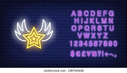 Star with wings neon sign. Glowing symbol on dark blue background. Night bright advertisement. Vector illustration in neon style for rock star and musician