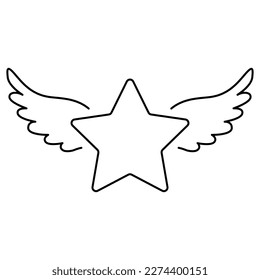 Estrella con vector de alas. Estrella con el vector de icono de contorno de las alas de ángel. Esbozo de las alas y estrellas de los ángeles.