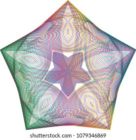 A star within a star guilloche rosette with folded over wings amid a striped offset gradient color theme.