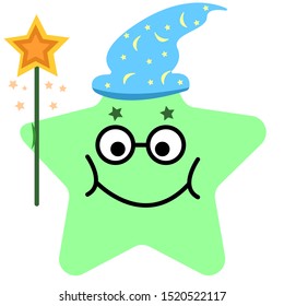 Star wizard in magic hat and stick vector illustration in cartoon style. For children print on shirt and other.
