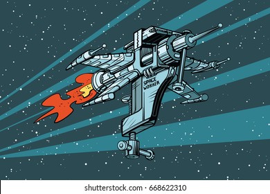 Star working space ship of tools. Pop art retro vector illustration