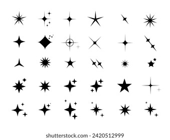 Star y2k icons, star shape vector set. Abstract y2k sparkles. Twinkling stars, abstract sparkle black silhouettes symbol shining burst. Vector