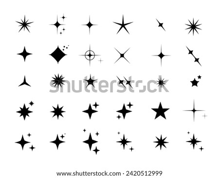 Star y2k icons, star shape vector set. Abstract y2k sparkles. Twinkling stars, abstract sparkle black silhouettes symbol shining burst. Vector