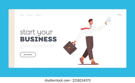 Star your Business Landing Page Template. Man Walk in Formal Suit with Briefcase and Document in Hands. Male Character Manager, Boss or Clerk in Formal Clothes. Cartoon People Vector Illustration