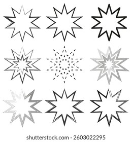 Starburst abstract shapes. Black and white graphic patterns. Decorative sharp edges. Vector star symbols.
