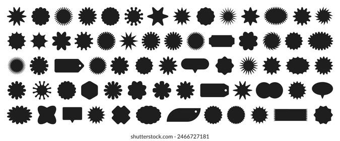 Starburst badge or promotional label set. Retro black wavy edge circle stickers, price promo tags, discount or special offer design emblems. Empty vintage sale star burst callouts or sunburst symbols.