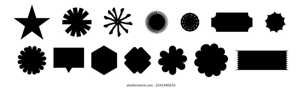 Starburst badge or promotional label set. Retro black wavy edge circle stickers, price promo tags, discount or special offer design emblems. Empty vintage sale star burst callouts or sunburst symbols