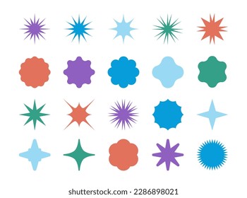 Insignia de Starburst. Onda formas de estallido, etiquetas de precios o etiquetas gráficas, botones de viñeta promocionales. Diversas formas geométricas. Colores vintage. Iconos redondeados de corriente de vector retro redondeado