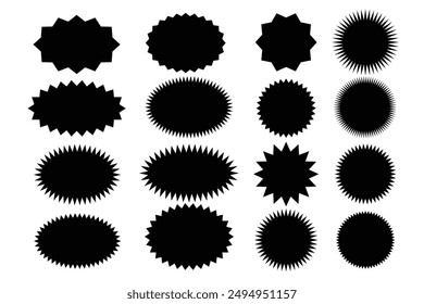 Starburst black sticker set - collection of special offer sale oval and round shaped sunburst labels and badges. Promo stickers with star edges. Vector.