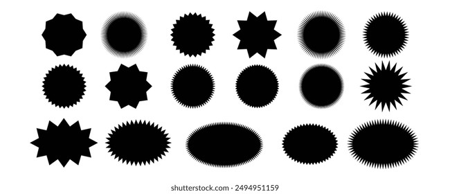 Starburst black sticker set - collection of special offer sale oval and round shaped sunburst labels and badges. Promo stickers with star edges. Vector.