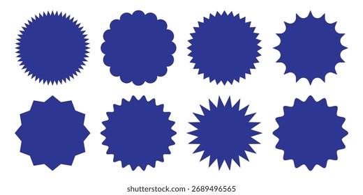 Estrela azul adesivo conjunto vetor. Etiquetas de explosão solar, emblemas de explosão, adesivos promocionais de venda. Adesivos ondulados bordas starburst. Ilustração vetorial