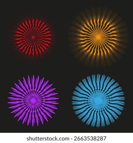 Coleção de explosões estelares. Elementos abstratos vetoriais. Padrões radiais dinâmicos. Resplandícios de cores vibrantes. EPS 10.