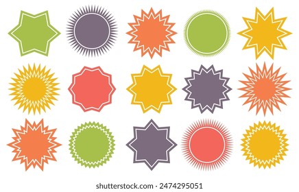 Starburst colorful tag. Star burst badge vignette. Set of vector starburst, sunburst badges. Black icons on white background. Simple flat style vintage labels, stickers. 11:11