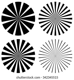 Starburst, converging lines, sunburst shape set. Vector art.