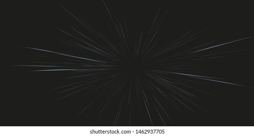 Starburst dynamic lines, rays. Hyper jump into another galaxy. Abstract circular geometric background. Beautiful fireworks, colorful explosion, big bang. Super fast motion. Vector illustration