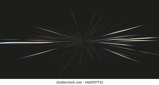 Starburst dynamic lines, rays. Hyper jump into another galaxy. Abstract circular geometric background. Beautiful fireworks, colorful explosion, big bang. Super fast motion. Vector illustration