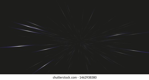 Starburst dynamic lines, rays. Hyper jump into another galaxy. Abstract circular geometric background. Beautiful fireworks, colorful explosion, big bang. Super fast motion. Vector illustration