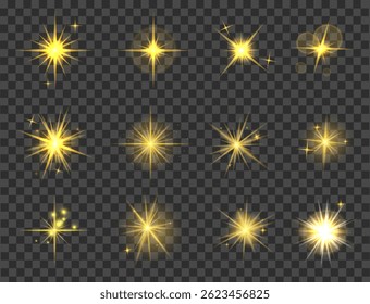 starburst effects on transparent, rays, flares, and sparkles, dynamic, radiant golden stars.