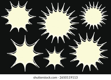 Starburst and explosion shapes, featuring a light, almost glowing, color with prominent black and subtle white outlines, set against a stark black background.