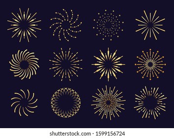 Starburst, firework shadow golden icon vector.  Radiating from the center of straight and spiral beams, lines. Set of simple elements for logo, signs. Firework, pyrotechnics illustration.