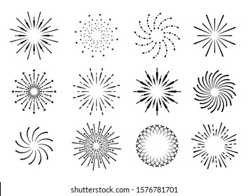 Starburst, firework shadow icon vector.  Radiating from the center of straight and spiral beams, lines. Set of simple elements for logo, signs.