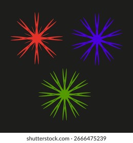 Formas de fogos de artifício. Explosão radial colorida. Raio de luz dinâmico. Ilustração festiva vetorial. EPS 10.