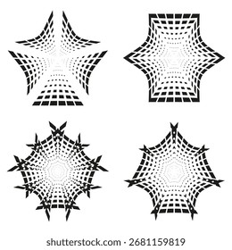 Elementos geométricos Starburst. Patrón de punto semitono. Formas grises negras. Conjunto artístico de Vector. EPS 10.