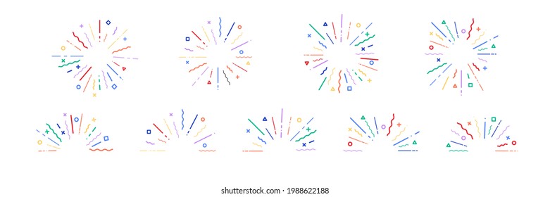 ilustración del vector de explosión geométrica moderna de arranque por arranque. arrebato de sol colorido sobre fondo blanco. ráfaga de estrellas de color aislado 