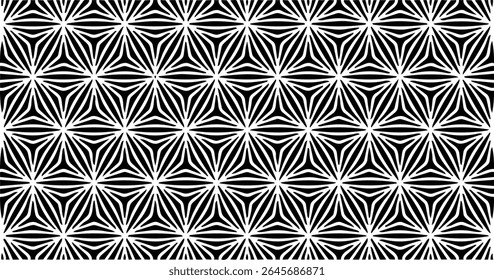 Padrão geométrico Starburst formando uma ilusão visual 3D em preto e branco, arranjado em uma perfeita repetição sem emenda.