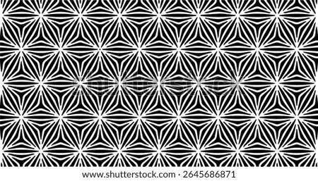 Starburst geometric pattern forming a 3D visual illusion in black and white, arranged in a perfect seamless repetition.