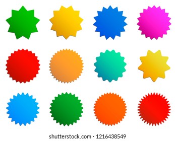Starburst gradient badges. Blank vector starry insignia for text. Sunburst vintage labels or stickers. Color elements isolated on white background. Stars on price tag for discounts and special offers.