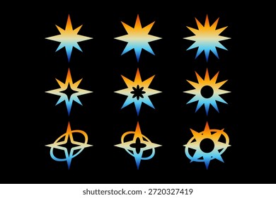 Conjunto de iconos geométricos de degradado de explosión estelar. Colección de icono geométrico de estrella radiante. Conjunto de estrella, anillo, Paquete de insignia decorativa abstracta del sol. Paquete de ilustración de logotipo de símbolo moderno inspirado en la tecnología de Vector