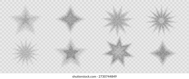 Starburst graphic gradient spray effects. Dotted halftone grainy noise blinks. Stipple sparks and shimmering black elements. Vector dotworks grit shapes illustration isolated on transparent background