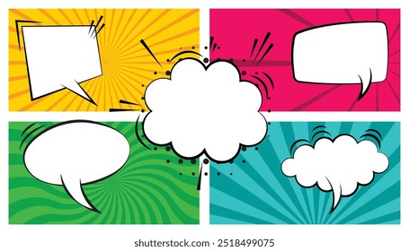 Starburst with halftone. sun ray retro background with flash. comic books dialog bubbles. pop art style empty comic speech clouds. cartoon frame, retro cover halftone effect