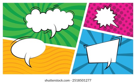 Starburst with halftone. sun ray retro background with flash. rays, radial, halftone, dotted effects. empty comic speech clouds. comic books dialog bubbles