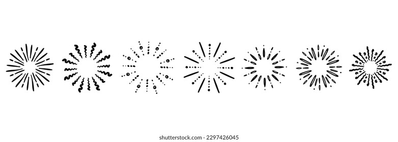 Starburst hand drawn elements. Circle sunburst doodle style drawing, framed design, badge or label decor. Abstract outline burst, star or firework, explosion or light rays. Vector isolated icons set