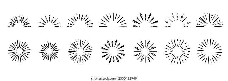 Starburst hand drawn elements. Circle sunburst doodle style drawing, framed design, badge or label decor. Abstract outline burst, star or firework, explosion or light rays. Vector isolated icons set