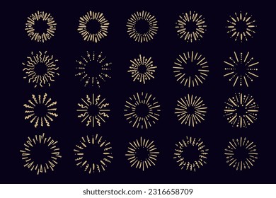 Starburst hand drawn elements. Circle sunburst doodle style drawing, framed design, badge or label decor. Abstract outline burst, star or firework, explosion or light rays. Vector isolated icons set