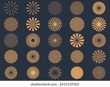 Starburst hand drawn elements. Retro gold Sun burst shapes.Circle sunburst doodle drawing, framed design, badge or label decor. Abstract outline burst, star or firework, explosion or light rays.