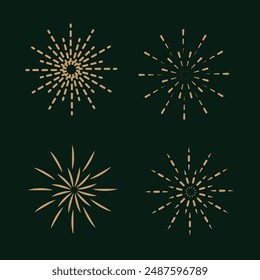 Starburst hand drawn elements. Retro gold Sun burst shapes.Circle sunburst doodle drawing, framed design, badge or label decor. Abstract outline burst, star or firework, explosion or light rays.