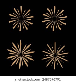 Starburst hand drawn elements. Retro gold Sun burst shapes.Circle sunburst doodle drawing, framed design, badge or label decor. Abstract outline burst, star or firework, explosion or light rays.