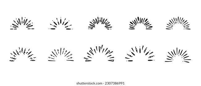 Starburst hand drawn half elements. Circle sunburst doodle drawing, framed design, badge or label decor. Abstract outline burst, star or firework, explosion or light rays. Vector isolated icons set