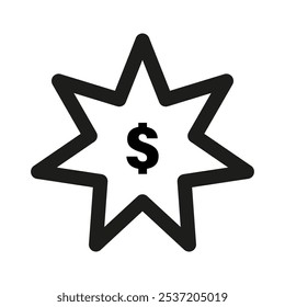 Icono de estallido estelar con dólar. Esquema negro en negrita. Diseño de Vector simple. Símbolo gráfico financiero.