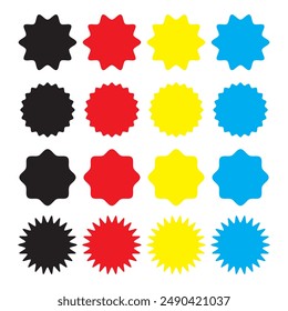 Starburst icon set in 4 different color. Black, red, yellow, blue starburst icon for price tag, sales tag.