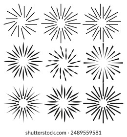 Starburst icon set. Black radial patterns. Vector illustration.