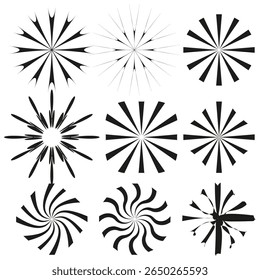 Starburst icon set. Radiant spike variants. Abstract explosion Vector. Dynamic spark collection.